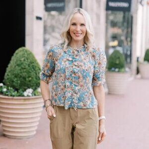 CAbi Blue Floral Ruffled Short-Sleeve Blouse